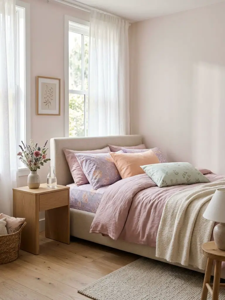 A soft pastel floral bedroom aesthetic styled with airy lavender, peach, dusty rose, and pale mint tones layered throughout elegant linen be.
