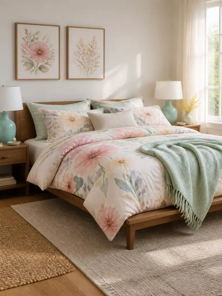 A soft pastel modern floral bedroom featuring a natural walnut platform bed dressed in watercolor floral bedding with oversized pink blossom.