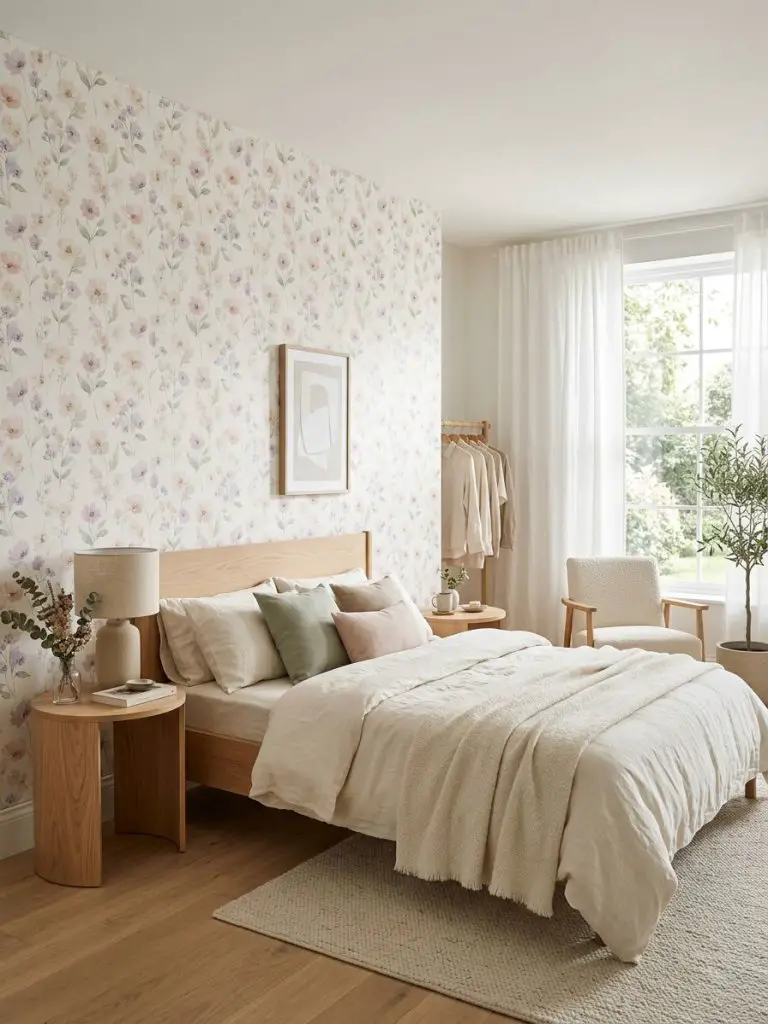 A serene pastel floral wallpaper bedroom filled with airy natural light and soft calming tones inspired by modern Scandinavian and warm mini.