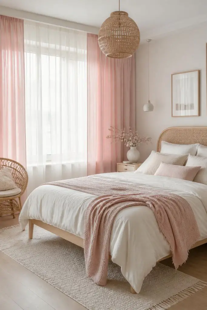 A serene, minimalist retreat with soft, pastel pink curtains hanging gracefully from ceiling to floor, delicately bordering a large window.