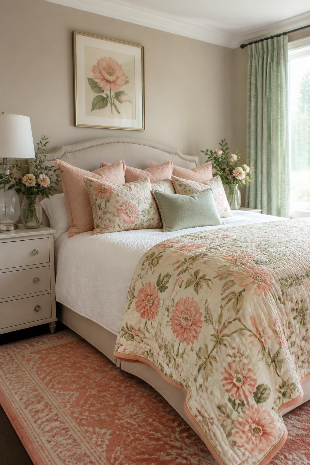 Set against gentle taupe walls, a spacious bed with fresh white linens is adorned by a plush pyramid of peach and pink pillows and a large.