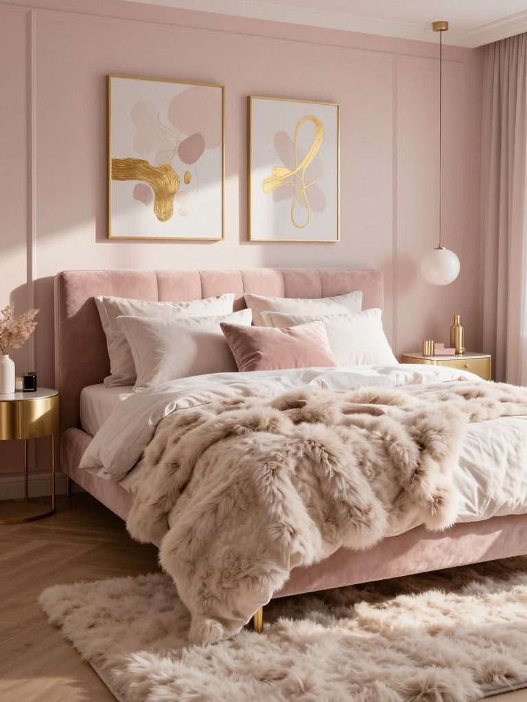A dreamy blush pink bedroom styled with glam modern decor and plush layered textures that create an ultra-cozy feminine retreat.