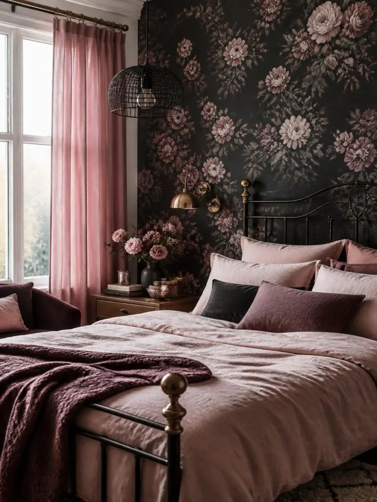 A cozy black floral bedroom with modern vintage charm and soft blush pink accents throughout the design.