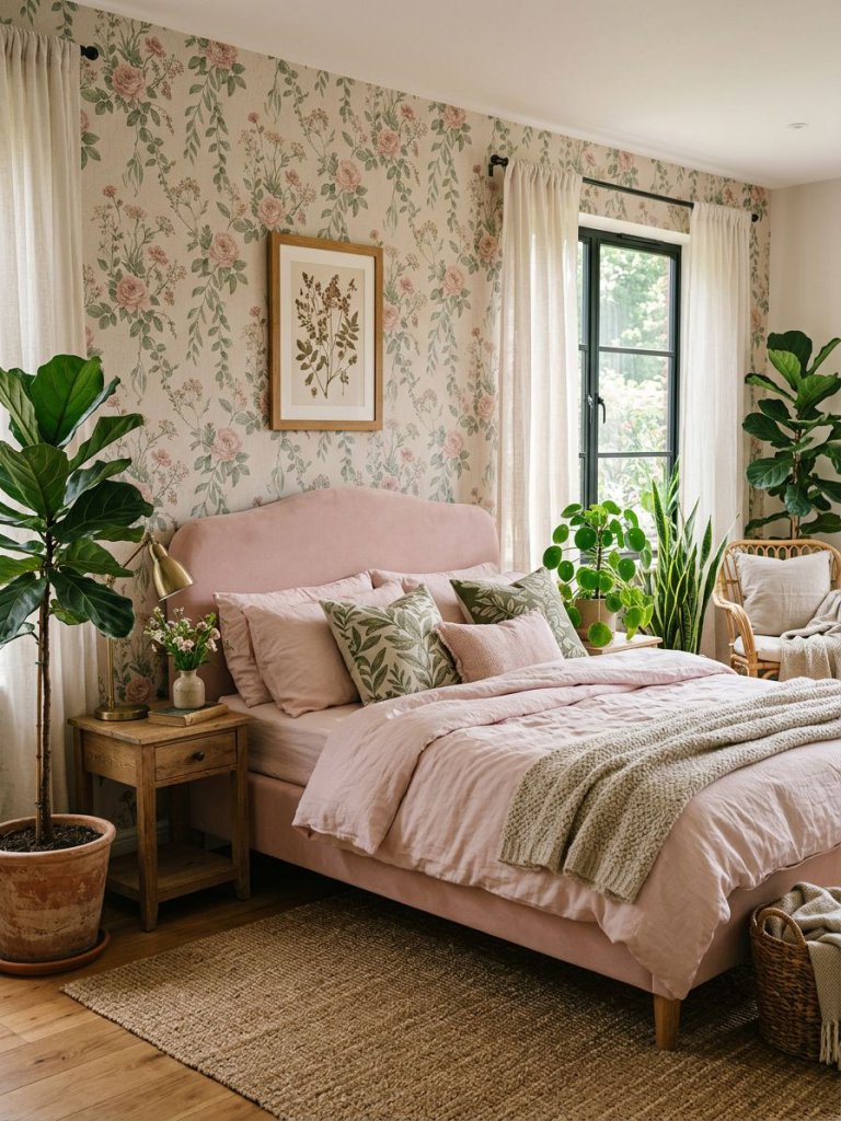 A serene pink and green floral bedroom inspired by botanical garden aesthetics and soft organic styling.