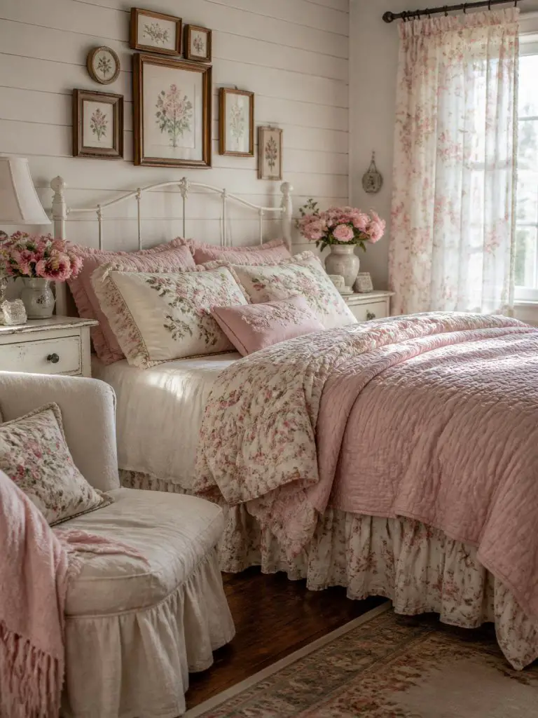 A soft pink floral cottage bedroom designed with vintage cottagecore charm and romantic countryside styling, featuring a delicate white iron.