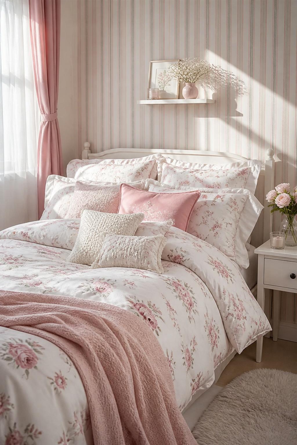 An inviting, softly romantic bedroom bathed in natural sunlight, featuring blush pink and cream striped wallpaper as a backdrop for delicate.