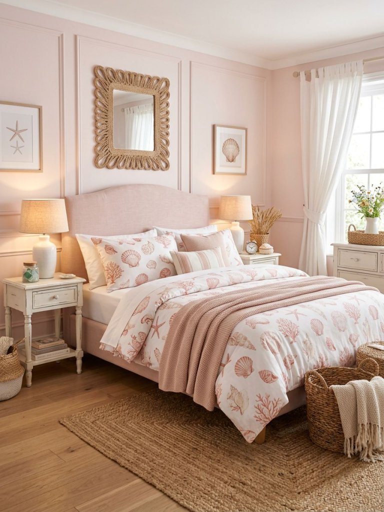 A charming pink coastal bedroom styled with soft cottage and nautical influences featuring blush pink bedding patterned with seashells and s.