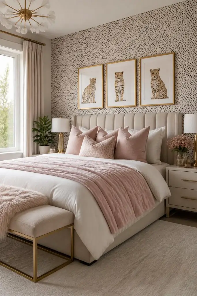 This serene modern bedroom showcases a taupe, blush, and cream palette grounded by subtle and stylish animal print wallpaper.