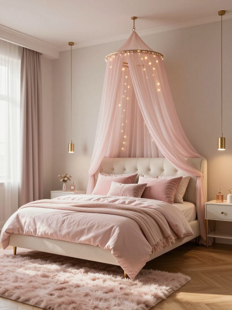 A dreamy girly pink bedroom designed in a soft glam and modern princess aesthetic featuring a blush pink canopy bed draped with sheer chiffo.