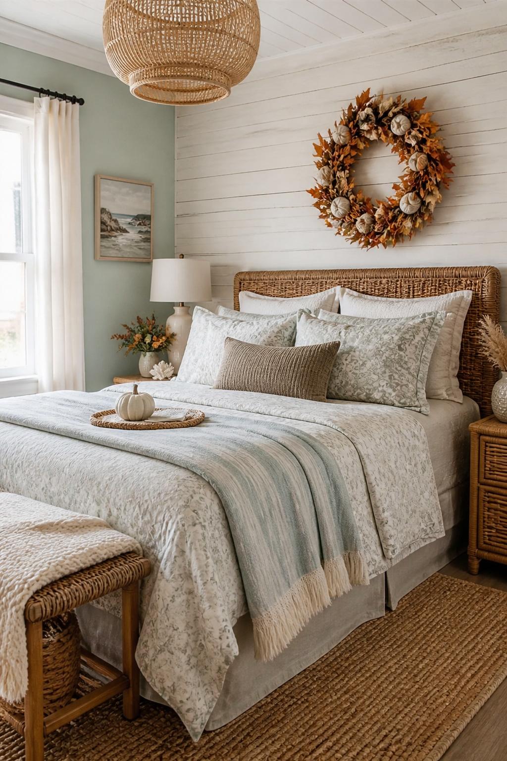 Capture a cozy bedroom with a subtle sage green backdrop and weathered white shiplap walls, styled for fall coastal comfort.