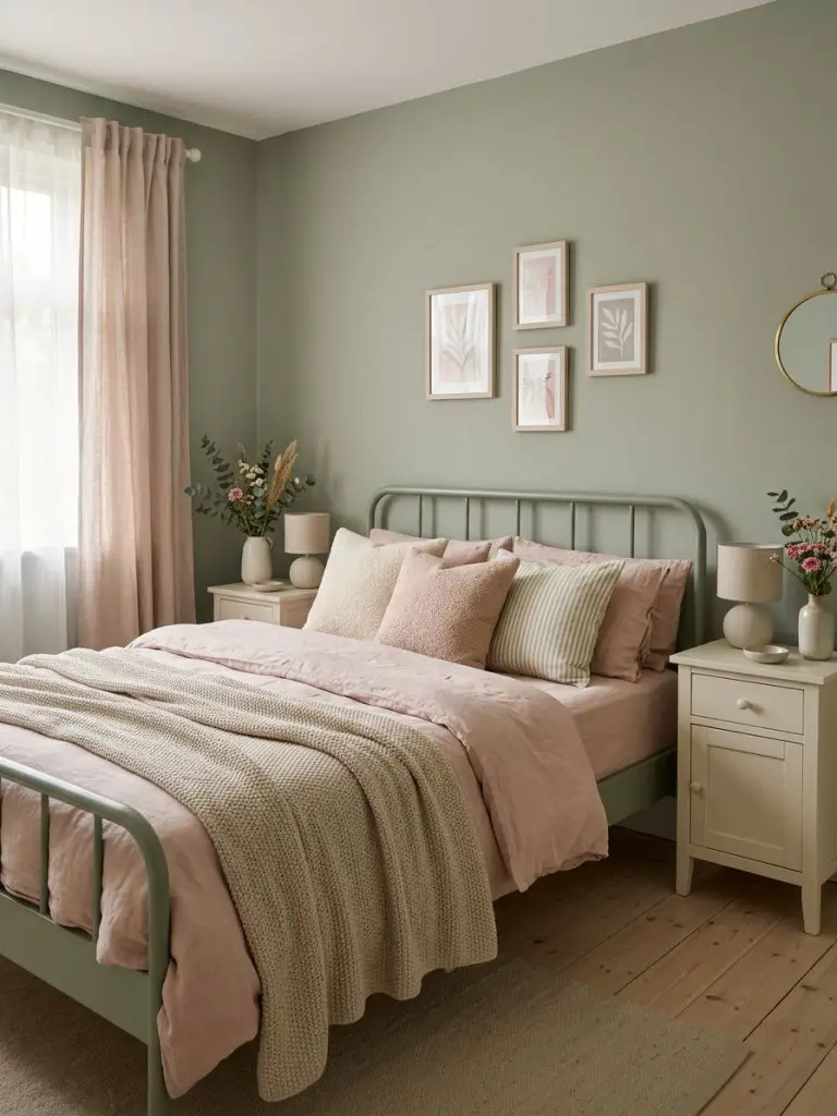 A warm minimalist pink and green bedroom designed with soft Scandinavian and cottage-inspired influences.