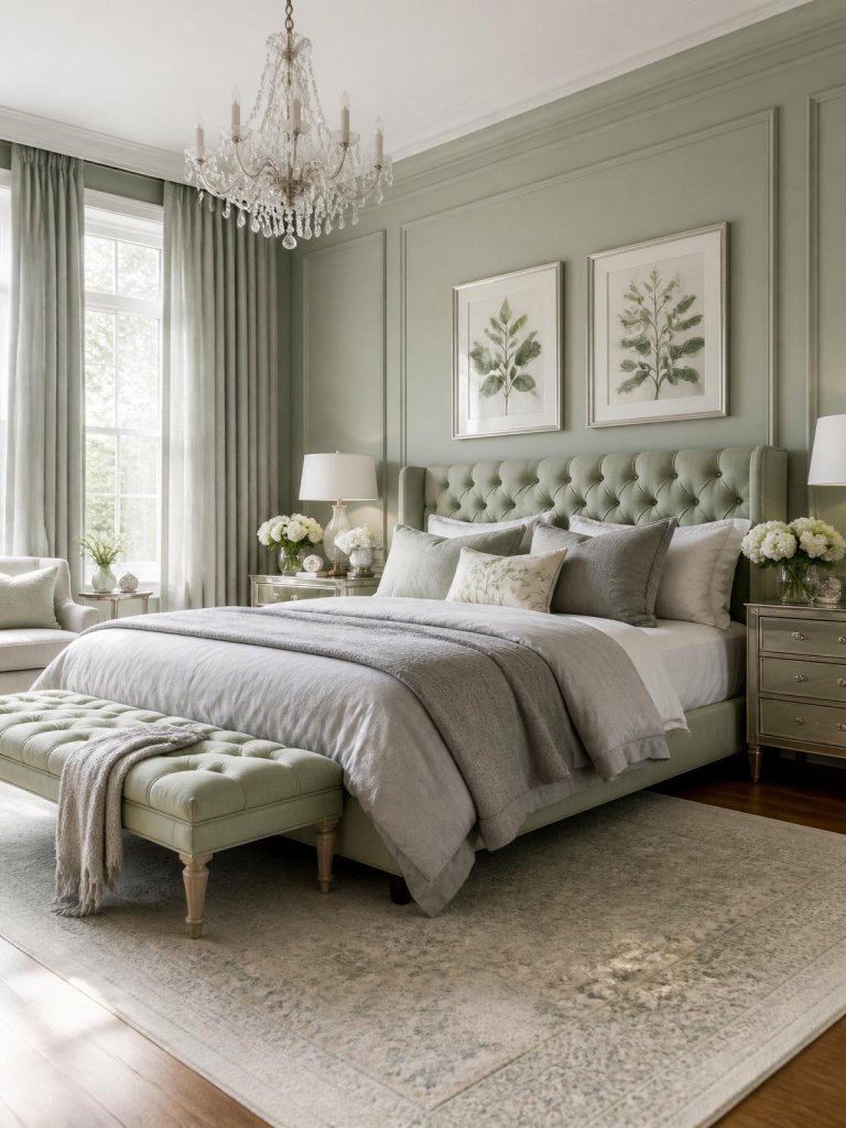 A modern classic green floral bedroom styled with soft sage painted walls, tufted upholstered headboards, layered gray linen bedding, crysta.