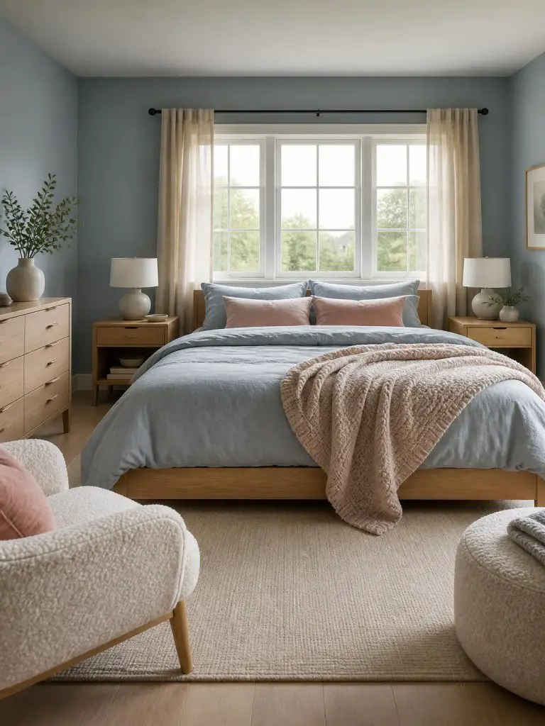 A Scandinavian-inspired bedroom with dominant soft light blue walls paired with dusty pink linen bedding and layered neutral textures.