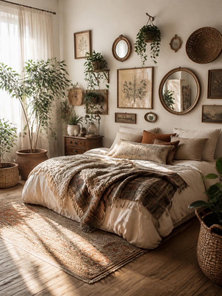 A soft vintage boho floral bedroom featuring an eclectic gallery wall filled with antique mirrors, botanical prints, woven decor, and traili.