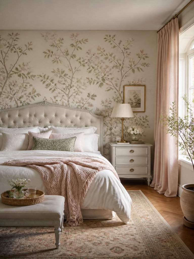 An elegant cottage-inspired bedroom featuring a delicate vintage floral accent wall with slender botanical branches and pastel blossoms in m.
