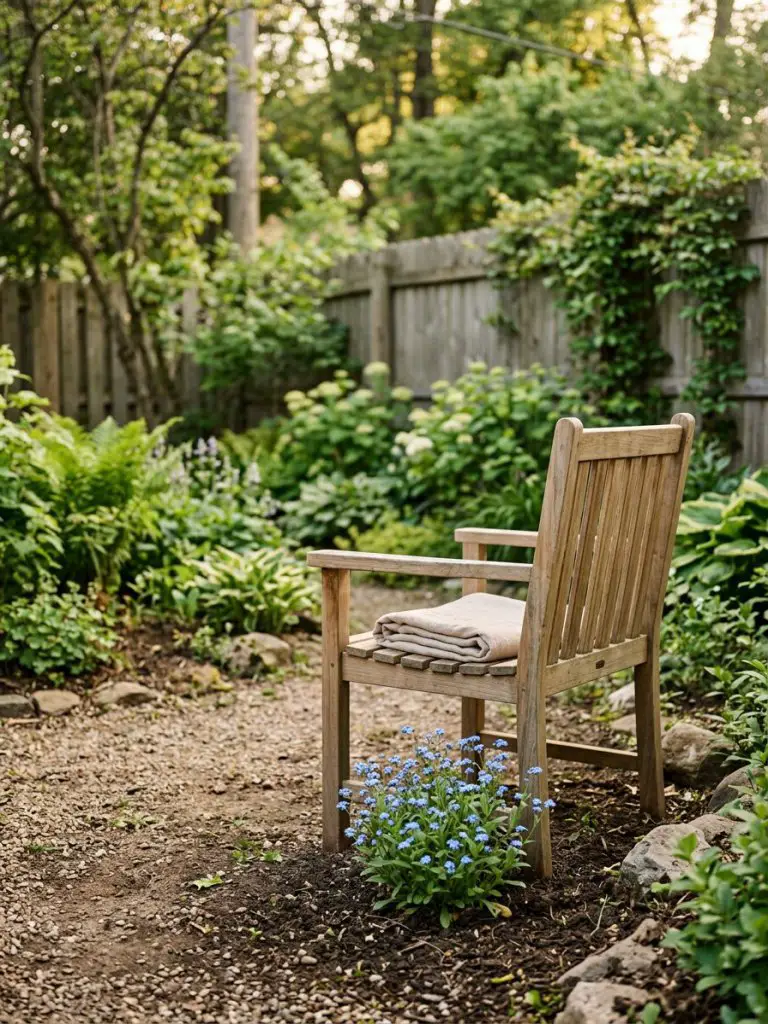 A quiet small backyard memorial scene in a United States home featuring a single gazing chair in warm minimalist and modern rustic style.