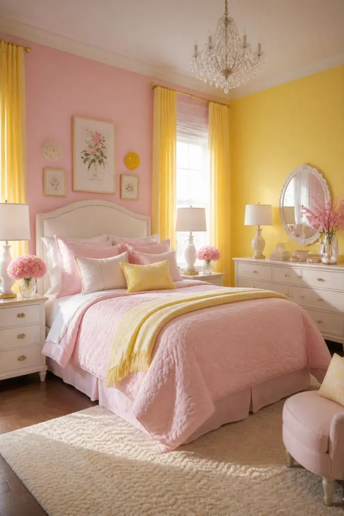 Elegant and refined, this bedroom balances split pink and yellow walls, creating a harmonious, color-blocked effect.
