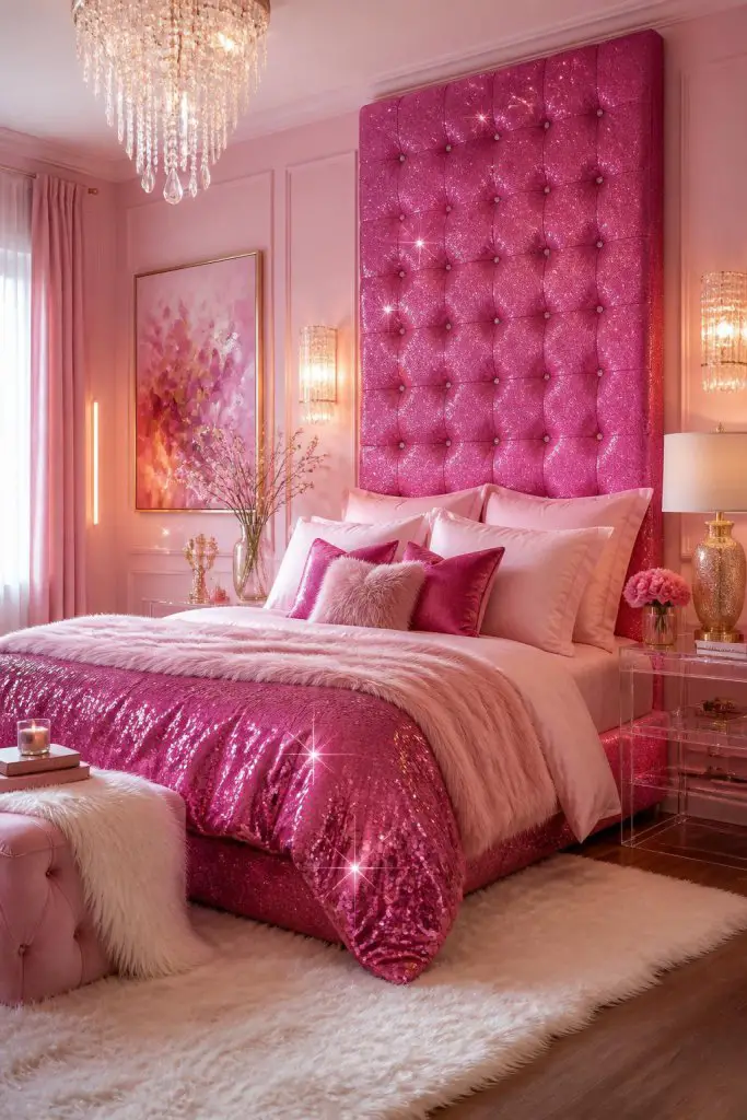 A sparkling glam bedroom designed with a striking glittery pink tufted headboard as the centerpiece, soaring nearly to the ceiling for maxim.