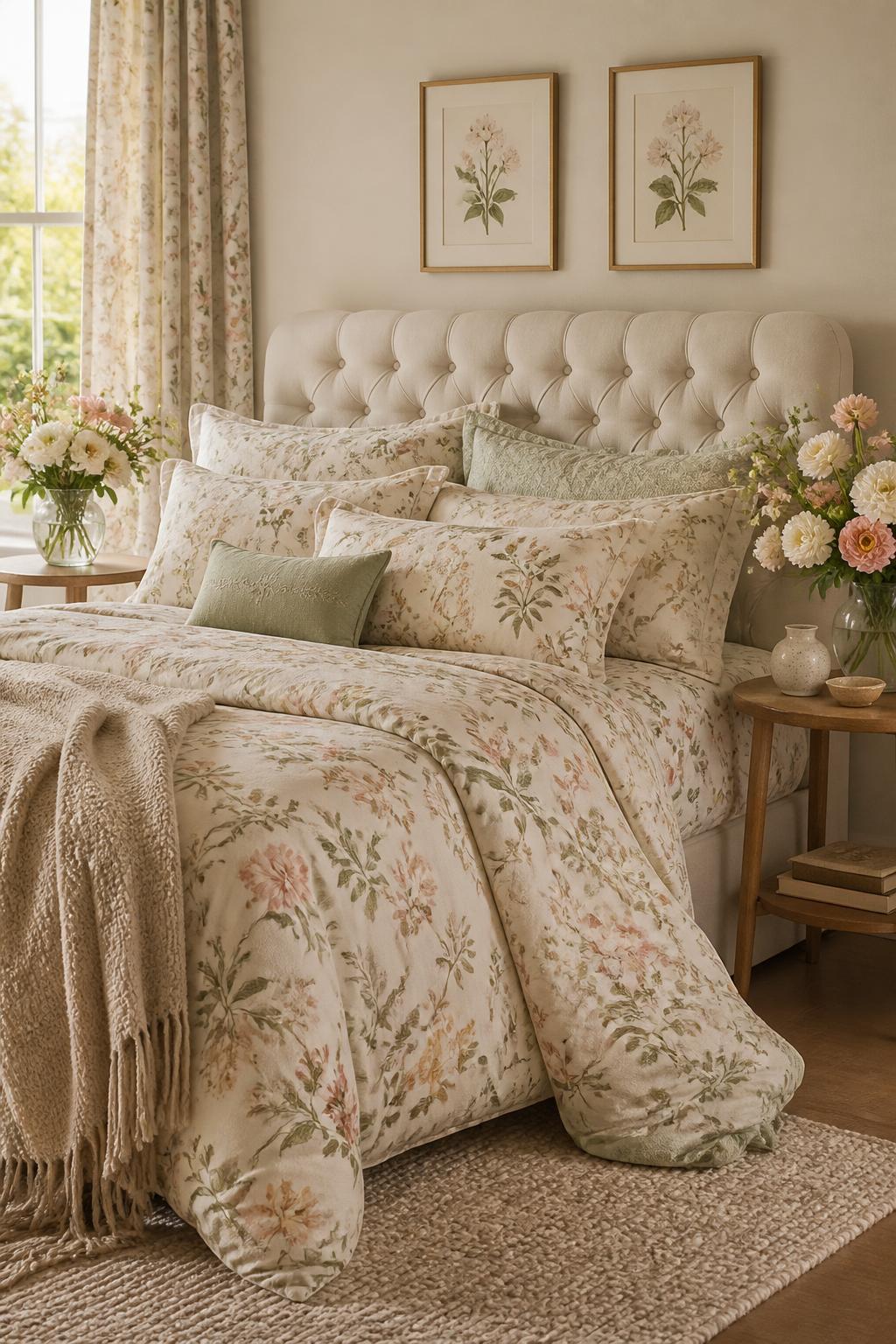 This fresh and airy bedroom is wrapped in pale cream, flourishing with ditsy florals on the comforter, pillow shams, and billowing curtains.