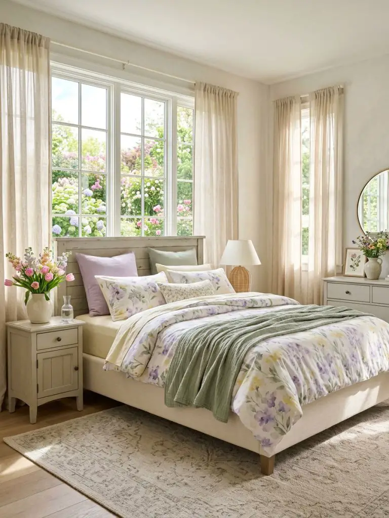 A springtime floral bedroom inspired by fresh seasonal color palettes and soft natural light.