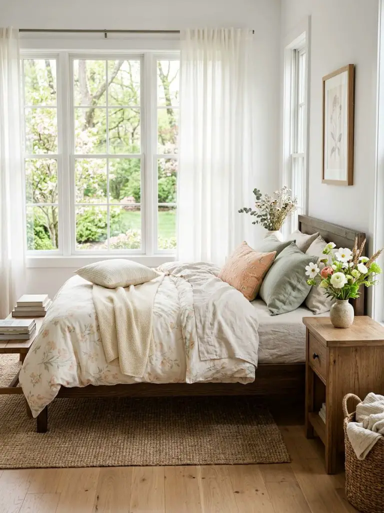 A fresh springtime floral bedroom aesthetic filled with airy linen fabrics, soft cotton bedding, and delicate botanical details in pale peac.