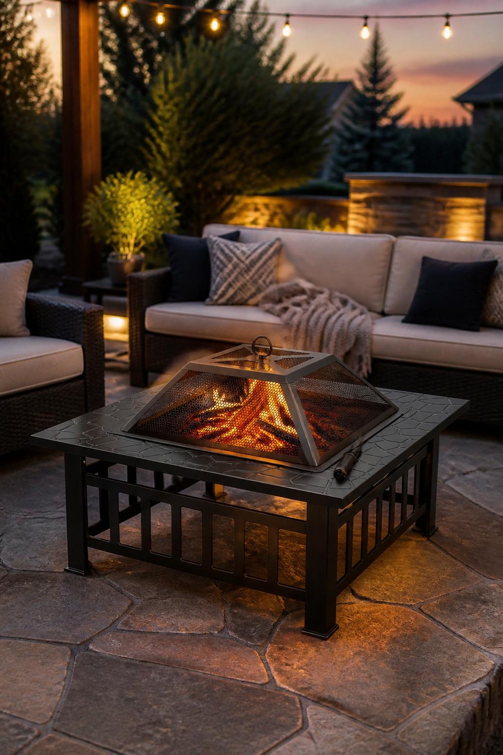 A square metal fire pit table adorned with a lattice design is the focal point of a sophisticated outdoor living space.