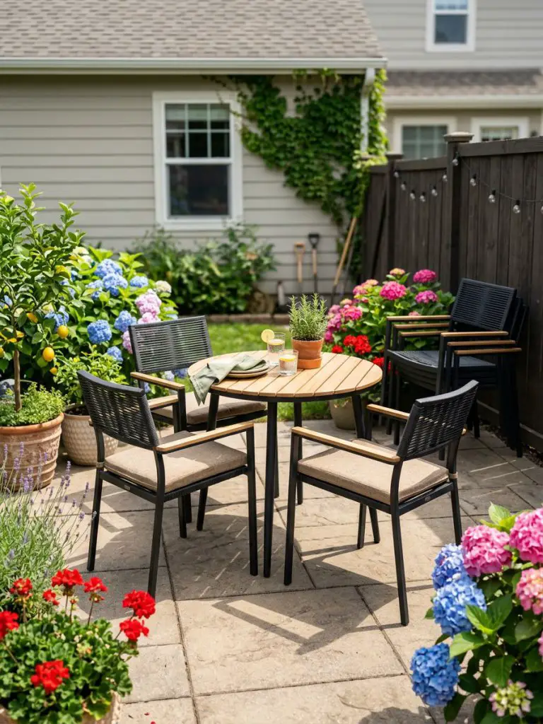 A compact suburban backyard patio in the United States styled with sleek stackable outdoor chairs arranged around a tiny dining area surroun.