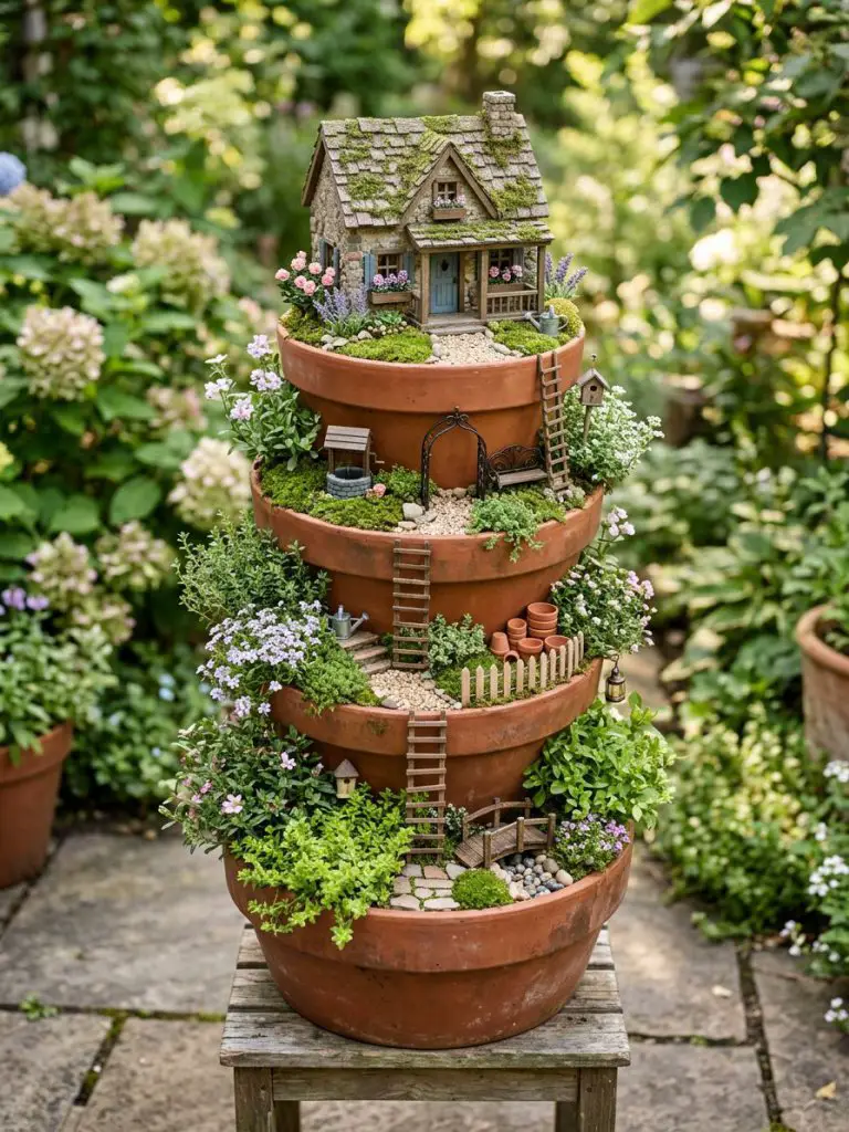 A vertical stacked pot fairy garden with layered terraces, designed in rustic cottagecore style.