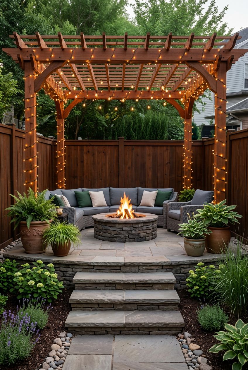 An elegant raised fire pit zone framed by multi-level flagstone steps and a rich wooden pergola overhead, wrapped with twinkle string lights.