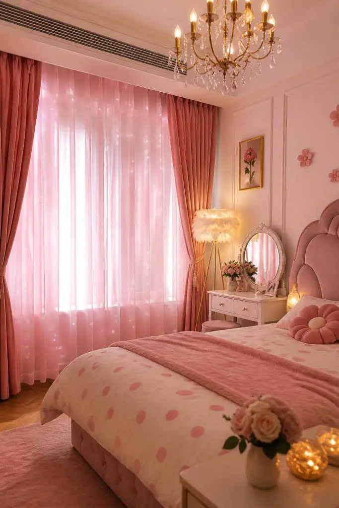 A magical princess-inspired bedroom defined by double layers of twinkling starry pink curtains that cast a soft, otherworldly glow.