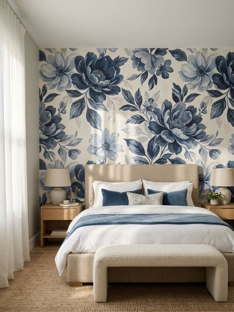 A sophisticated blue floral bedroom centered around a dramatic statement wallpaper accent wall behind the bed.