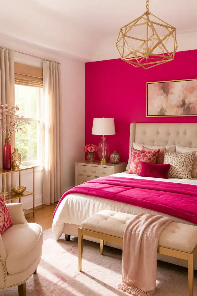 A glamorous yet effortless bedroom with a bold hot pink accent wall behind a cream tufted bed, instantly elevating the space’s personality.