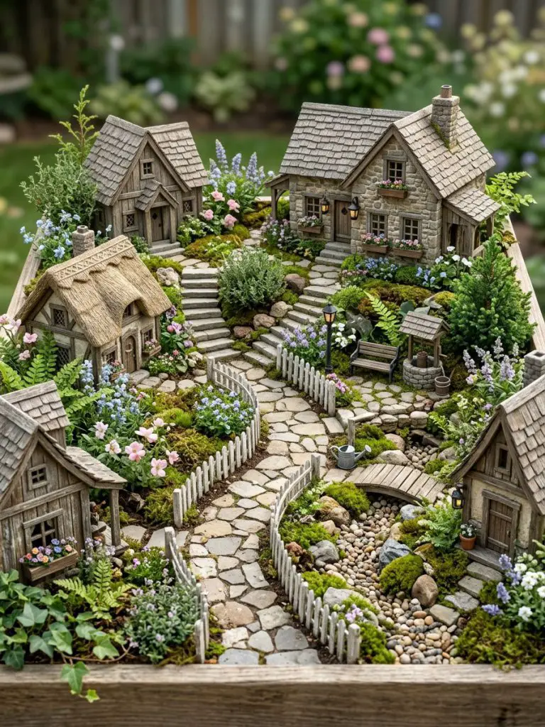 A detailed fairy garden with a winding stone pathway and tiny picket fences, designed in a rustic countryside style.