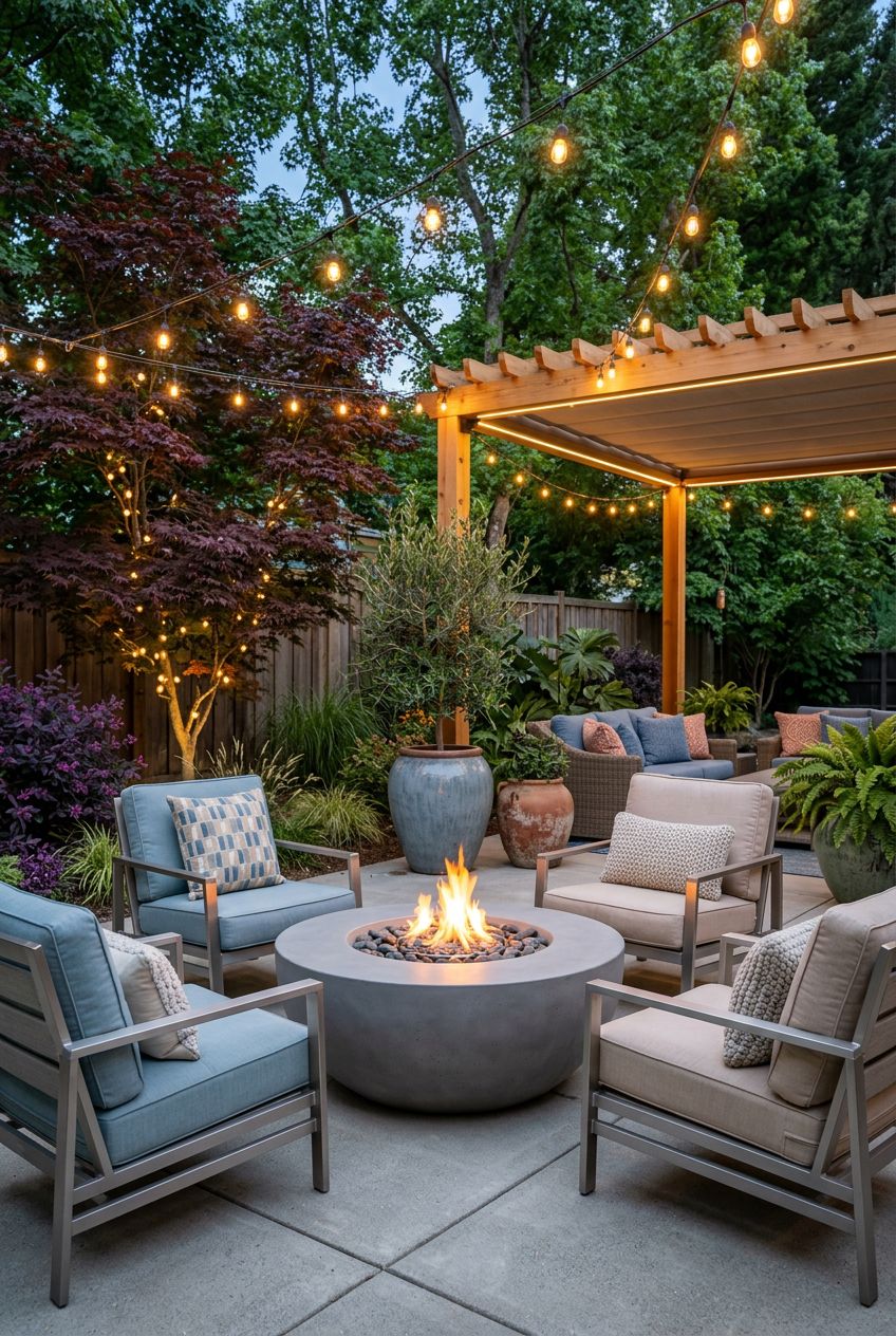 An inviting backyard patio with a sleek, circular concrete fire pit surrounded by contemporary armchairs upholstered in pale blue and soft b.