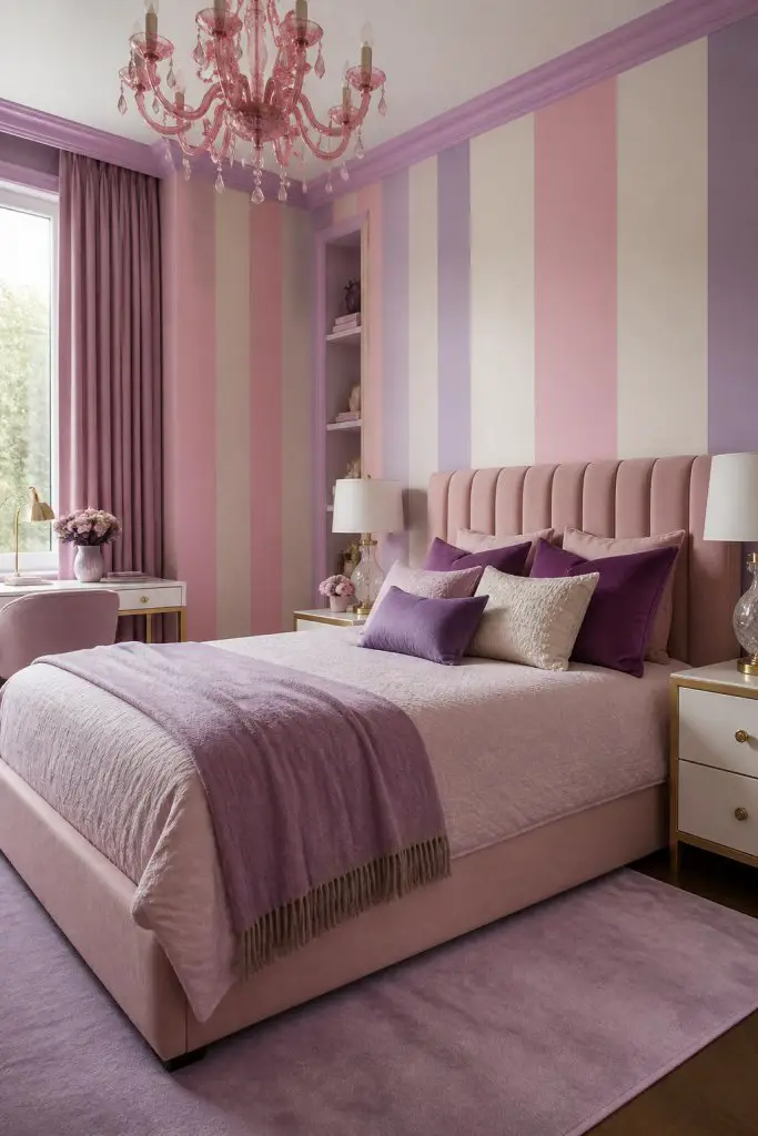 This imaginative bedroom pairs bold striped wallpaper in alternating lilac, blush, and soft ivory hues with a plush pink upholstered bed.