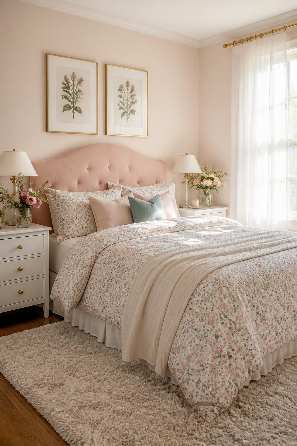A sunlit bedroom exudes warmth through its blend of classic and modern cottage elements, centered by a softly upholstered blush pink headboa.