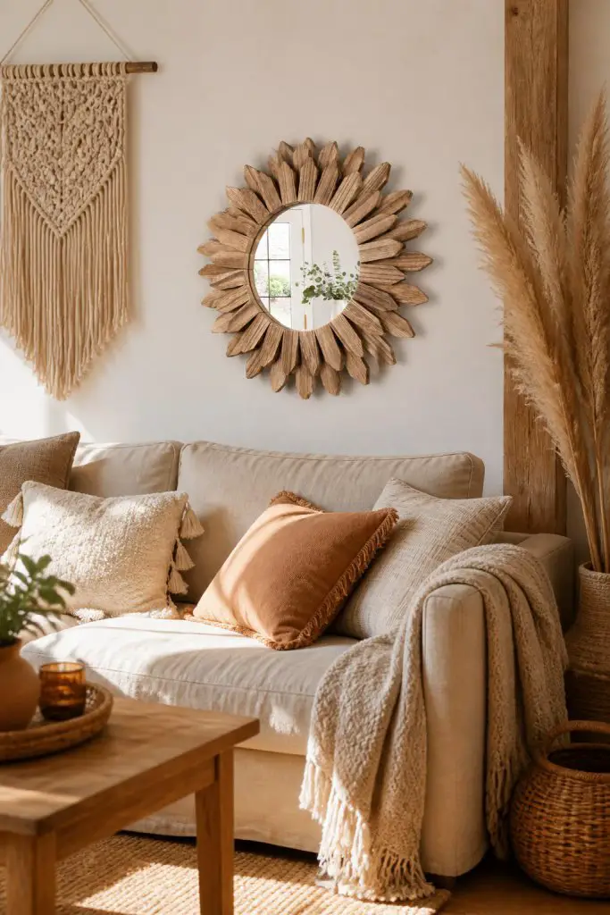 A soft, sunlit sitting area defined by a beige linen sofa under a sunflower-shaped wooden mirror, with a large boho macramé wall hanging acc.