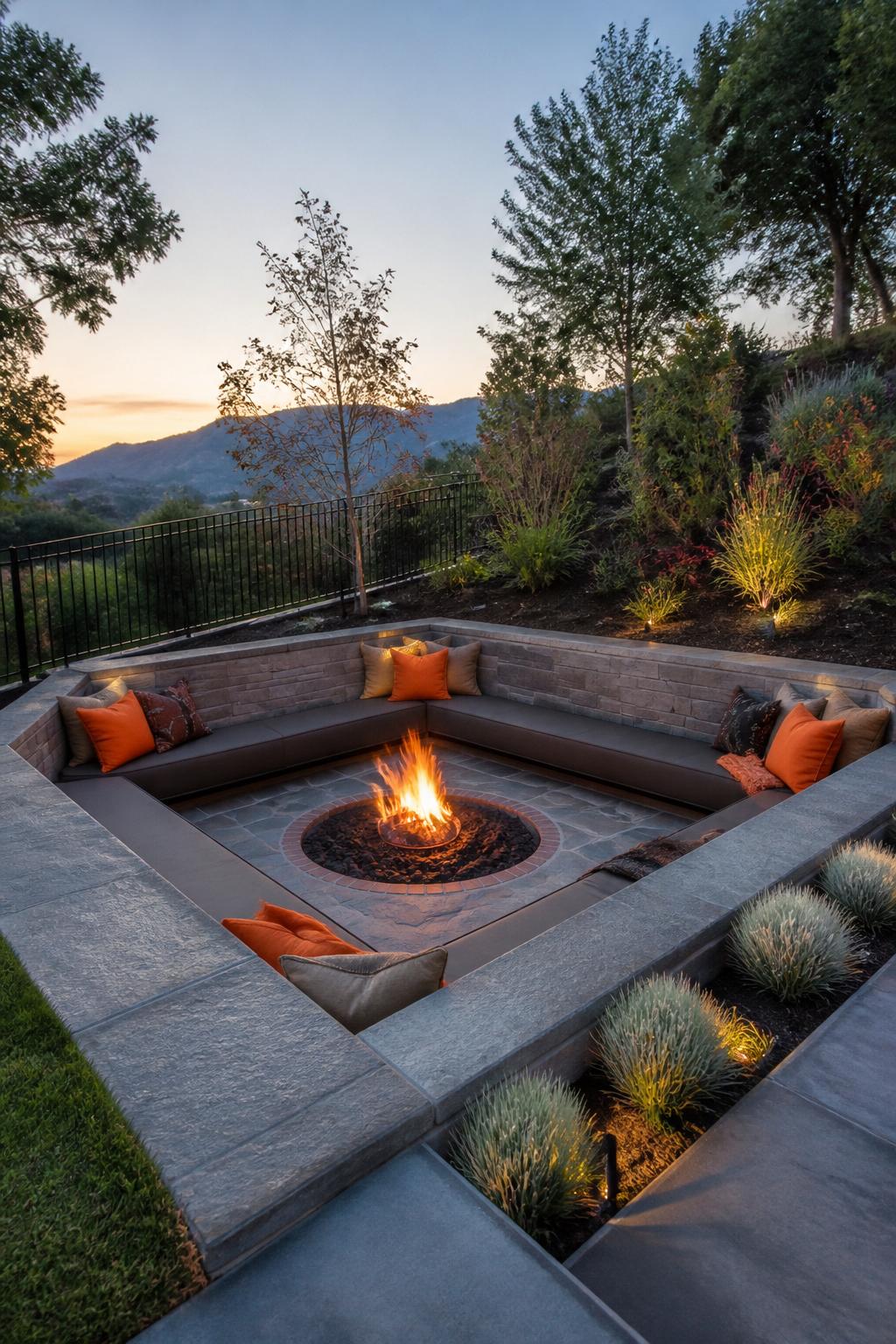 A luxurious sunken backyard lounge featuring a custom-built stone and tile fire pit set at the center of an L-shaped built-in bench.