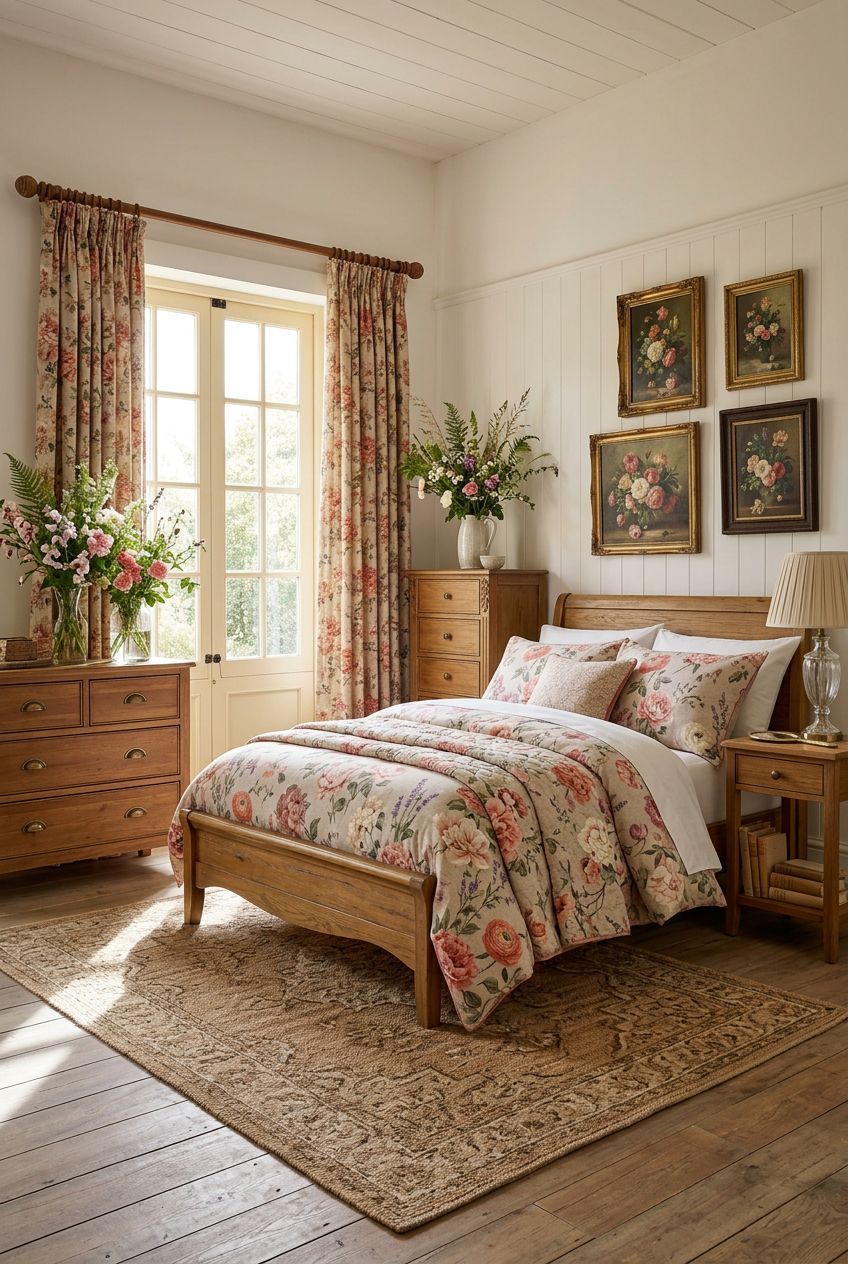 Capture a sunlit country bedroom filled with coordinated floral drapes and bedding in shades of blush, coral, and cream.