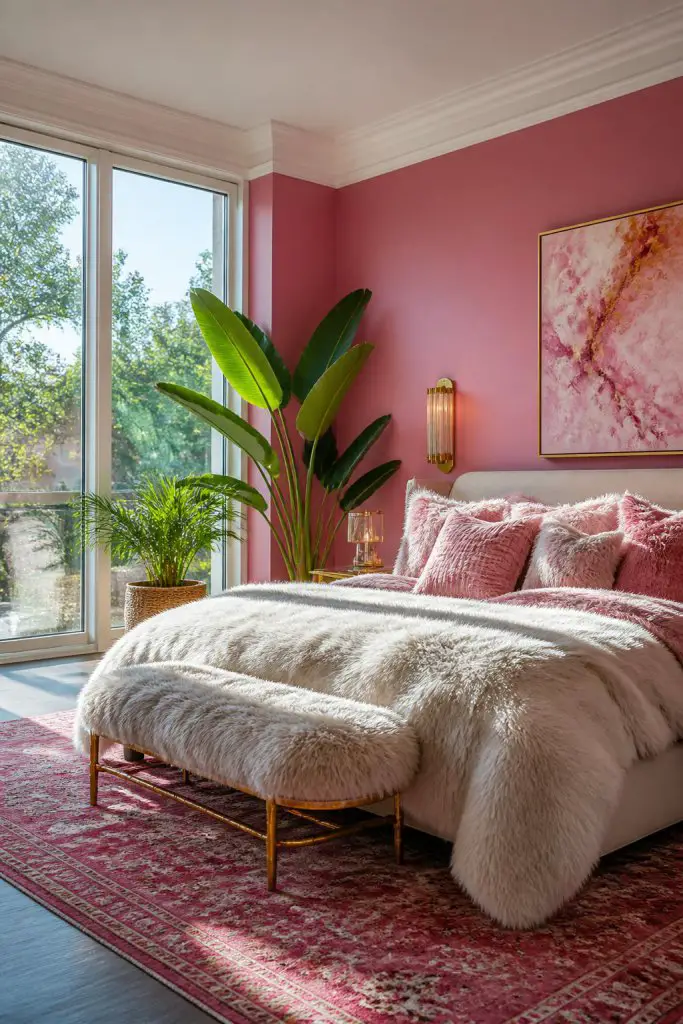 A sunlit contemporary bedroom with floor-to-ceiling windows, bold pink walls, and white crown molding for a fresh contrast.