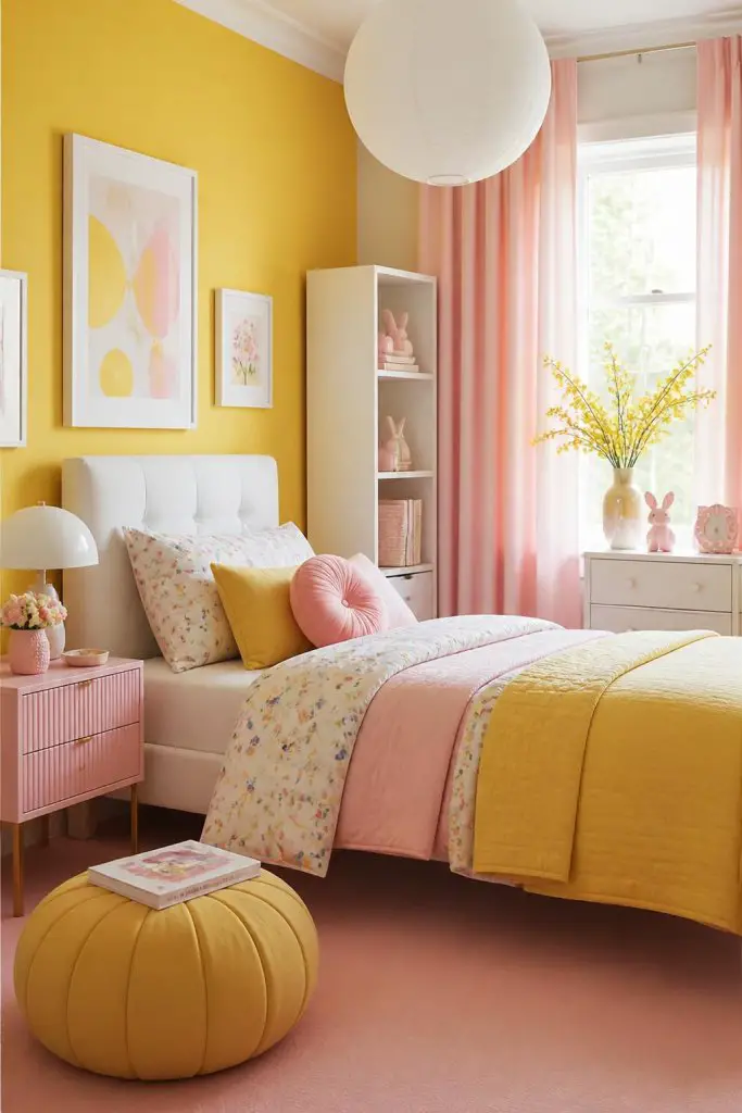 A cheerful pastel bedroom exudes warmth with its yellow accent wall and pale pink decor, highlighted by cushy bedding, a knit yellow pouf, a.