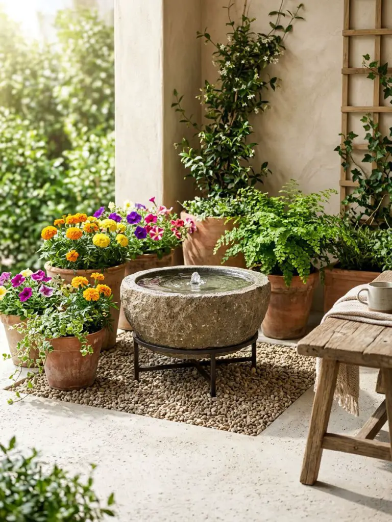 A small patio garden corner styled in warm minimalist and modern rustic design, featuring a handcrafted stone bowl fountain as the focal poi.