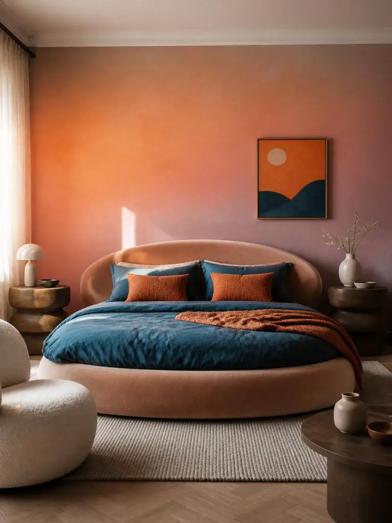 interior photography of a sunset-inspired pink orange and blue bedroom with curved contemporary furniture and warm layered textures.