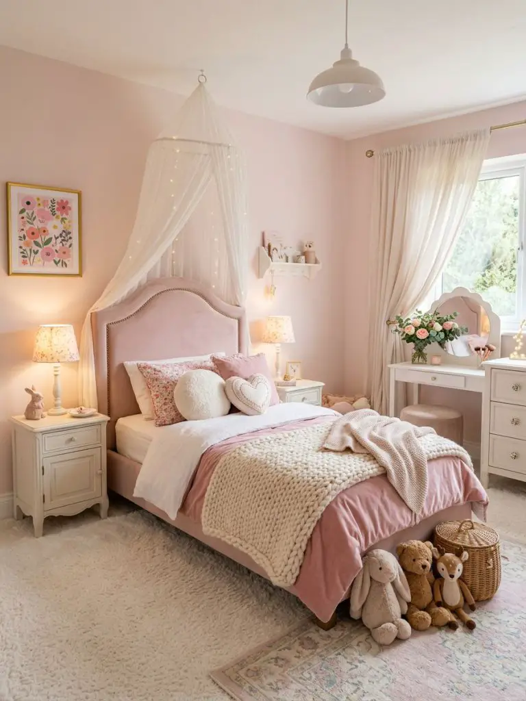 A sweet pastel pink girls bedroom designed with whimsical feminine charm featuring a tall upholstered headboard, chunky knit blankets, plush.