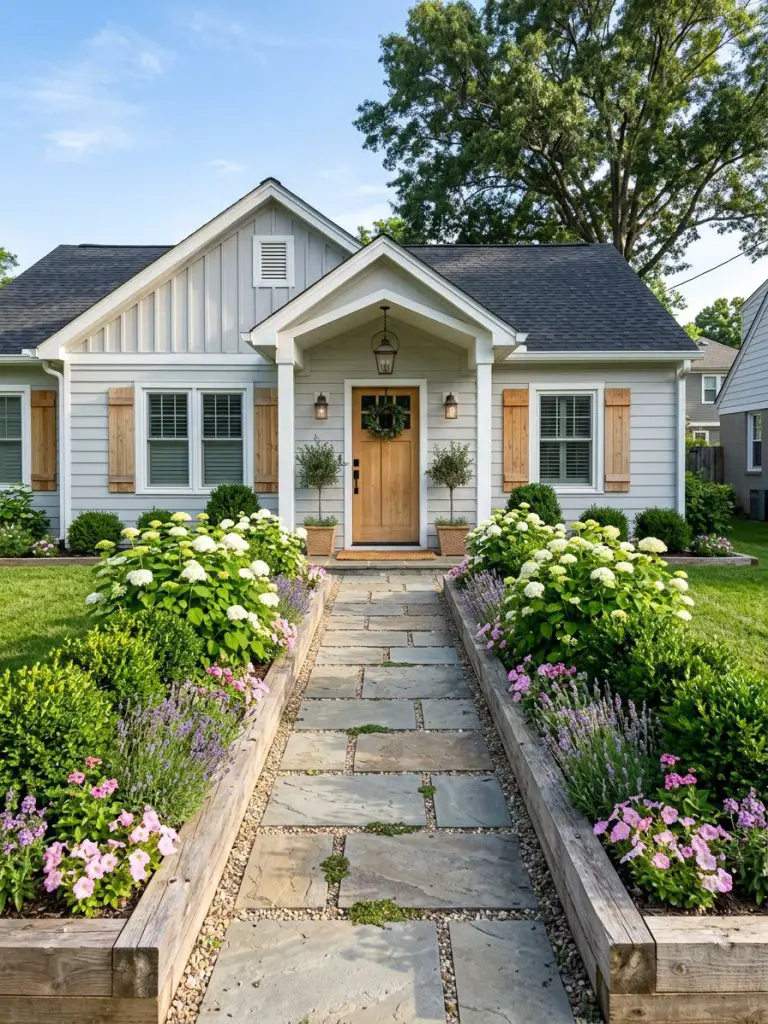 A symmetrical front-facing small garden bed framing a house entrance in a U.