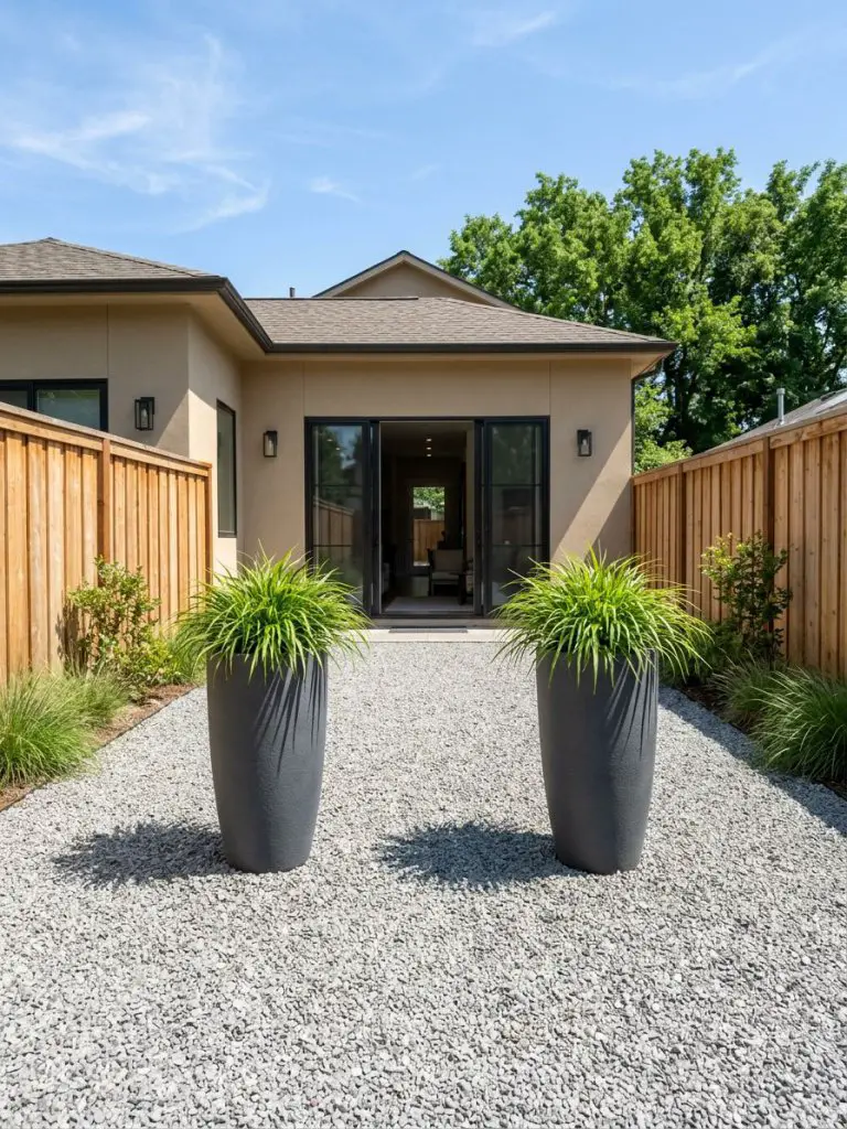 A compact backyard in the United States featuring a minimalist gravel base with symmetrical potted accents, styled in warm minimalist design.