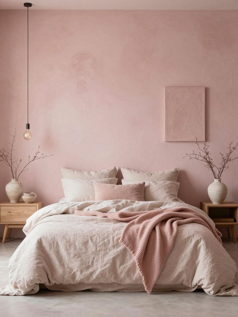 A dreamy earthy pink bedroom featuring textured limewash plaster walls, soft layered blush bedding, and delicate minimalist styling inspired.