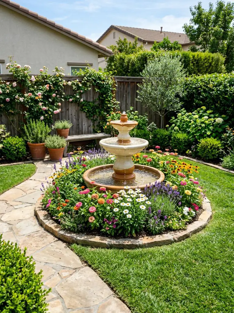 A small backyard garden featuring a tiered ceramic fountain in soft ivory and clay tones, placed centrally within a circular flower bed burs.