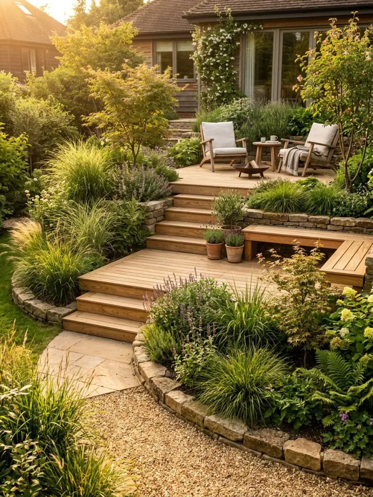 A tiered small garden deck designed in a warm minimalist and modern rustic style, bathed in golden hour light.