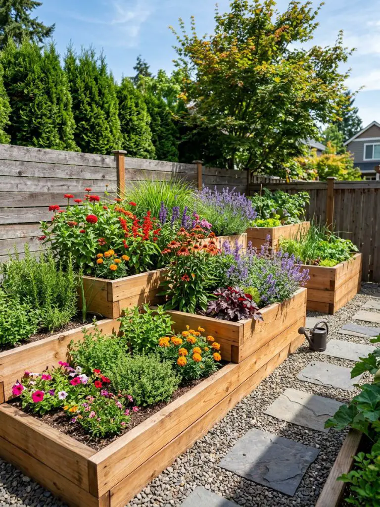 A tiered raised garden bed design in a small U.